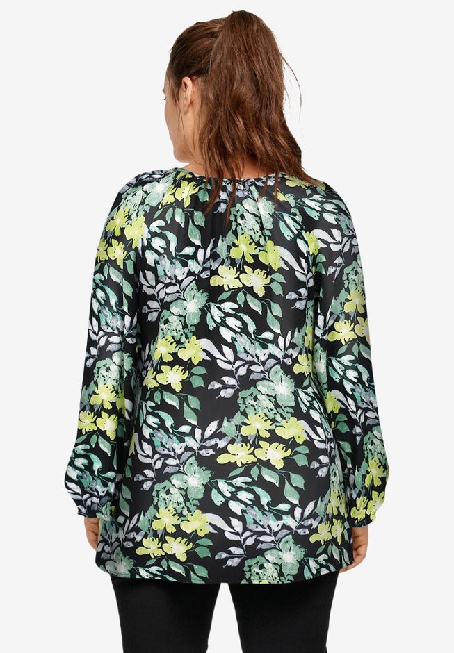 A-Line Long Sleeve Peasant Tunic with Tie-Neck Keyhole Neckline image number 1