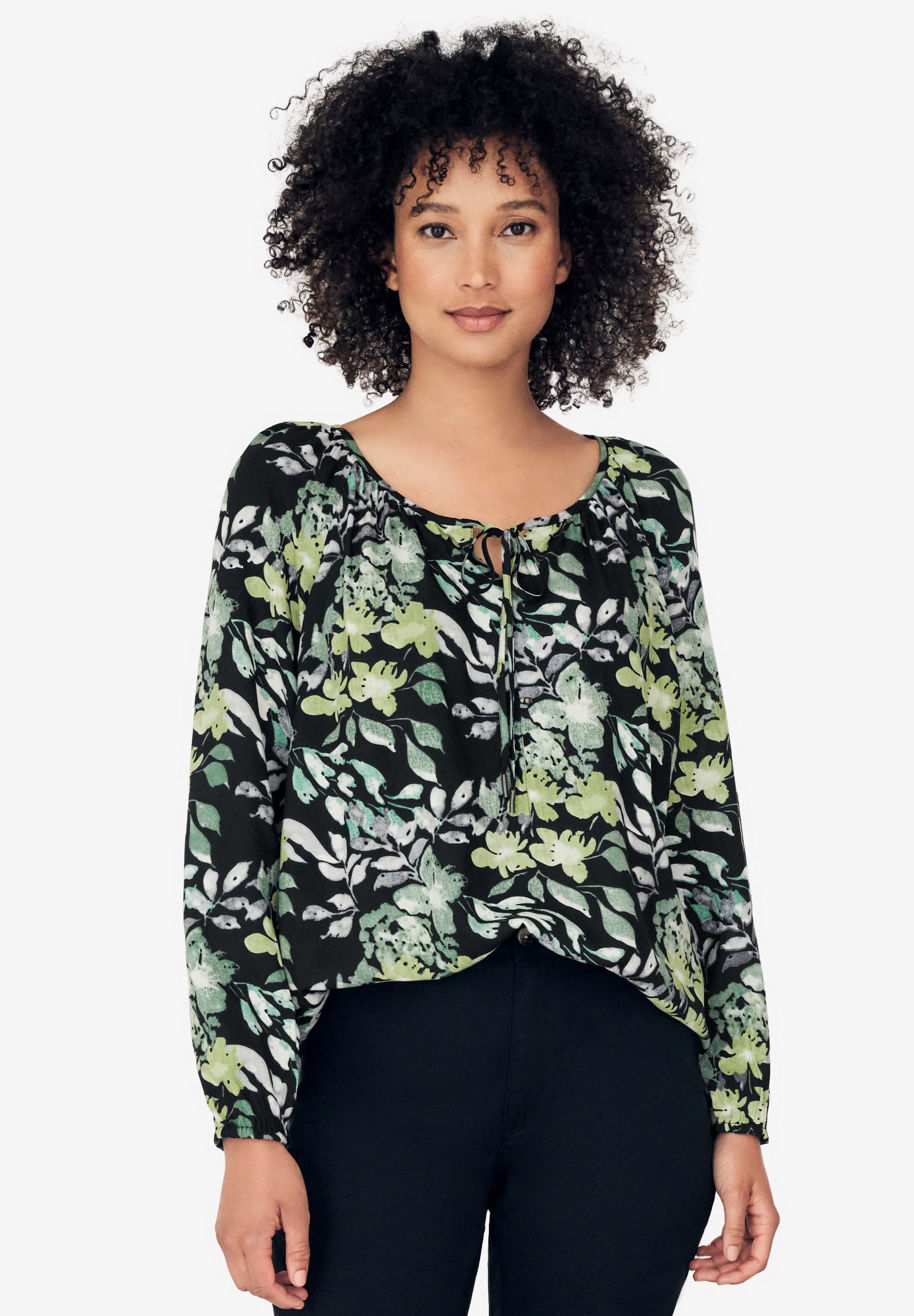 A-Line Long Sleeve Peasant Tunic with Tie-Neck Keyhole Neckline image number 0