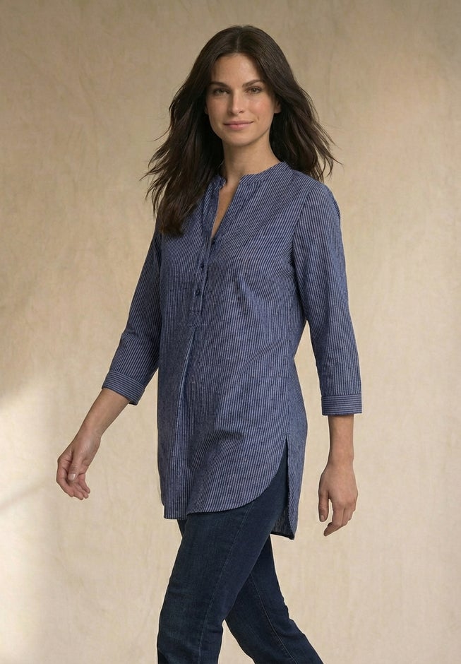 Three-Quarter Sleeve Roll Tab Relaxed Fit 100% Cotton Henley Tunic image number 2