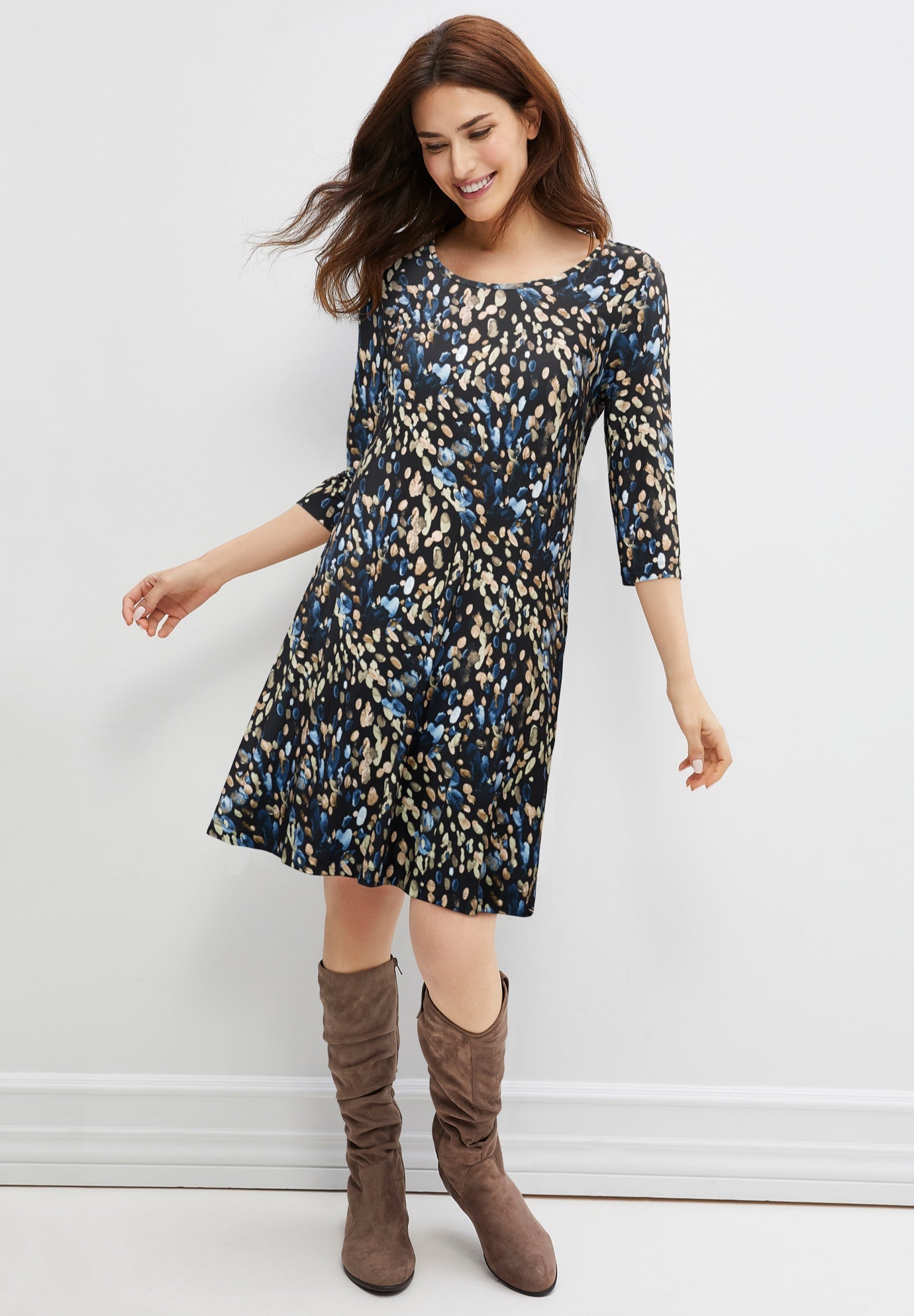 Stretch Knit Scoop Neck 3/4 Sleeve A Line Dress image number 0
