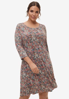 Stretch Knit Scoop Neck 3/4 Sleeve A Line Dress