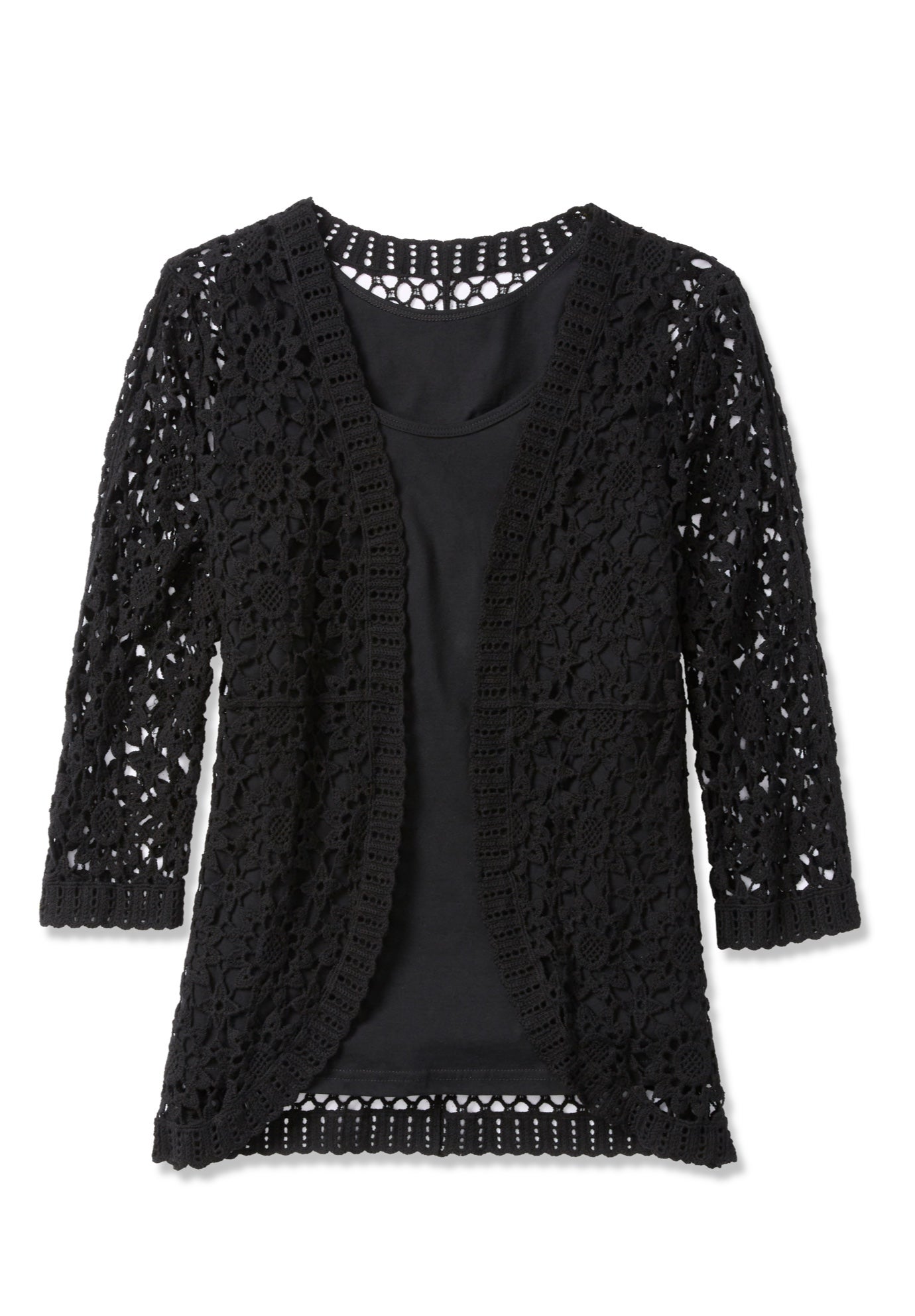 Crochet Curved-Hem Cardigan Sweater image number 1