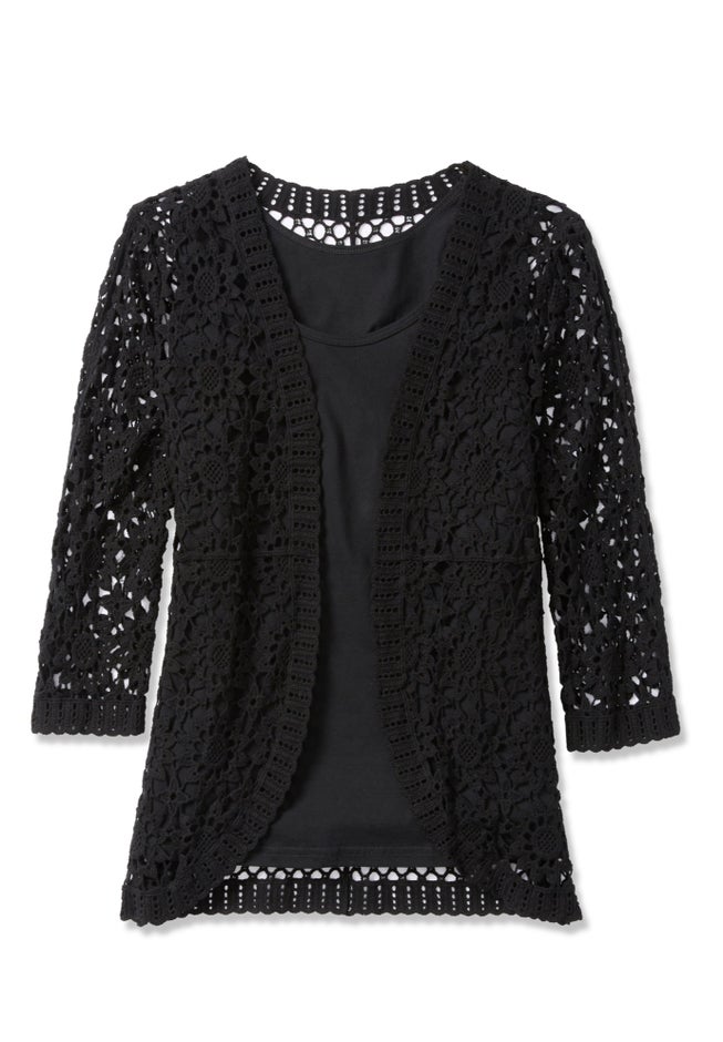 Crochet Curved-Hem Cardigan Sweater image number 1