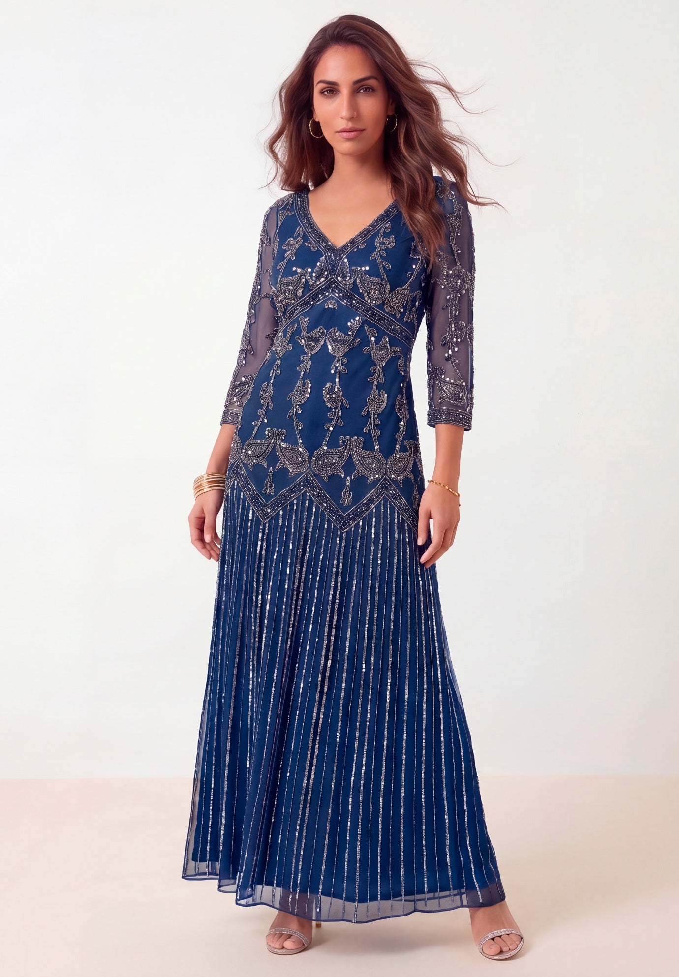Plus Size Beaded V-Neck 3/4 Sleeve Sleeve Maxi Gown image number 0