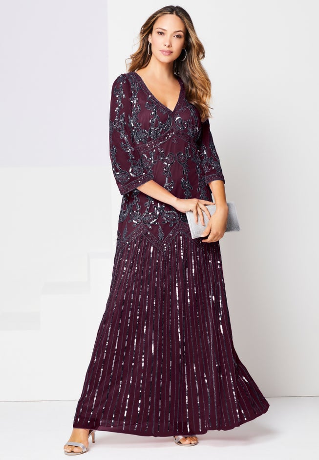 Plus Size Beaded V-Neck 3/4 Sleeve Sleeve Maxi Gown image number 0
