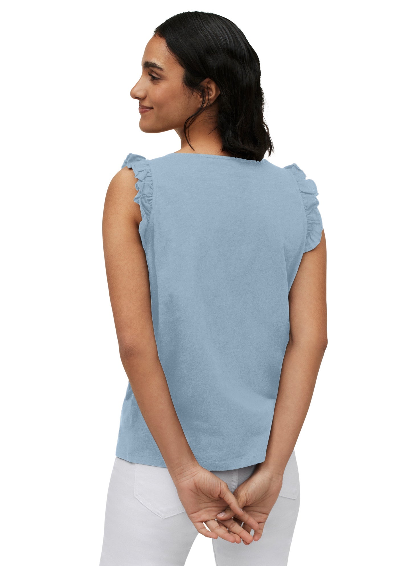 100% Cotton Slub Button-Front Ruffle Sleeve V-Neck Tank image number 1