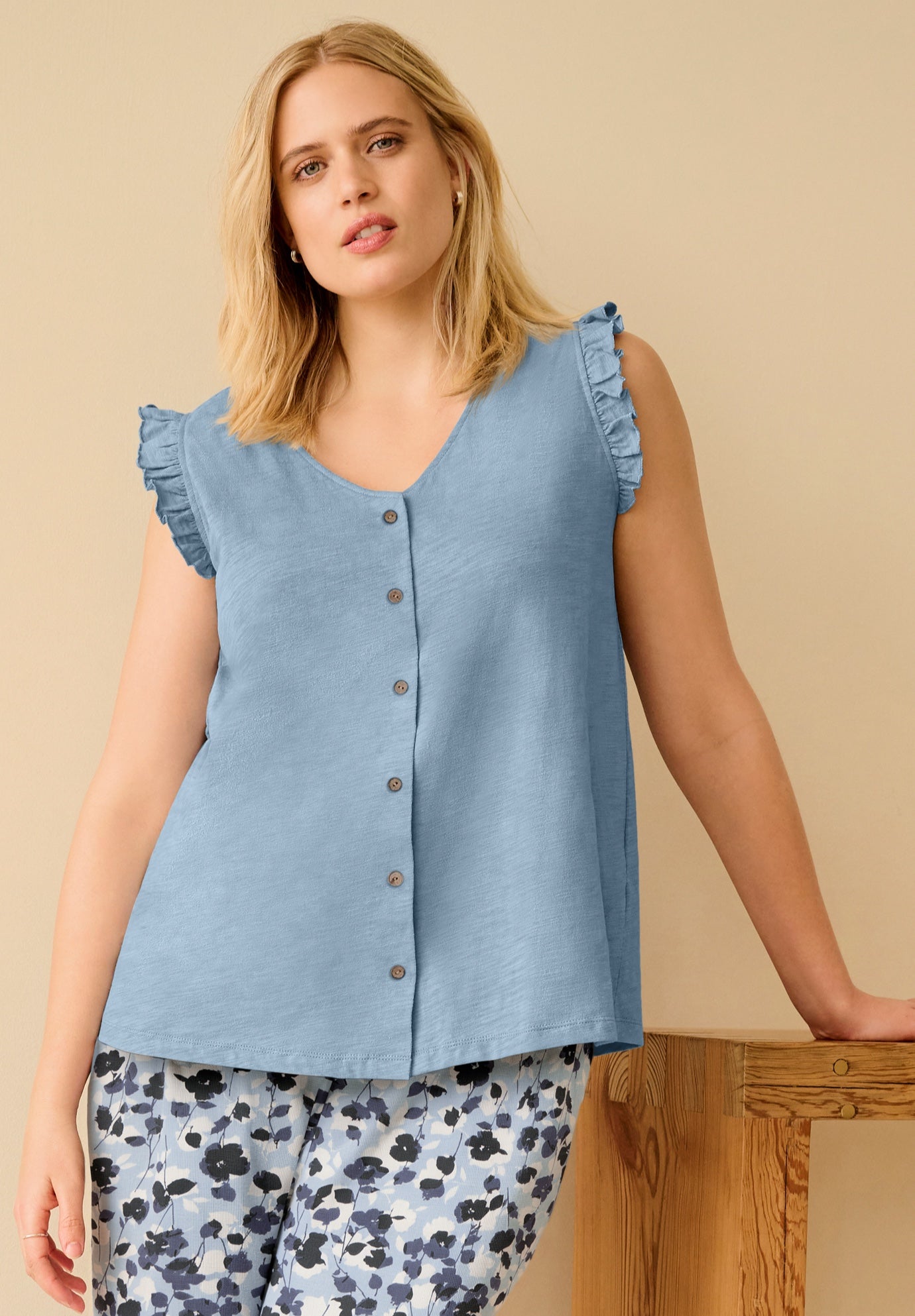100% Cotton Slub Button-Front Ruffle Sleeve V-Neck Tank image number 0