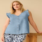 100% Cotton Slub Button-Front Ruffle Sleeve V-Neck Tank image number 0