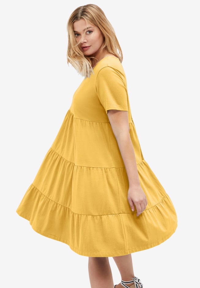 Cotton Spandex V-Neck Short Sleeve Tiered A-Line Dress image number 1