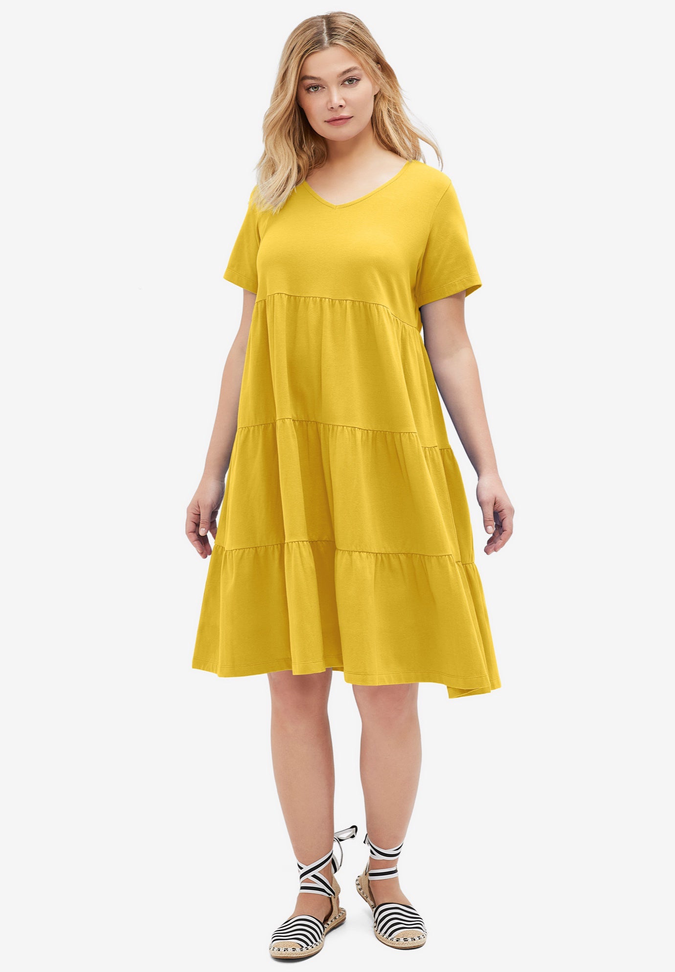 Cotton Spandex V-Neck Short Sleeve Tiered A-Line Dress image number 0