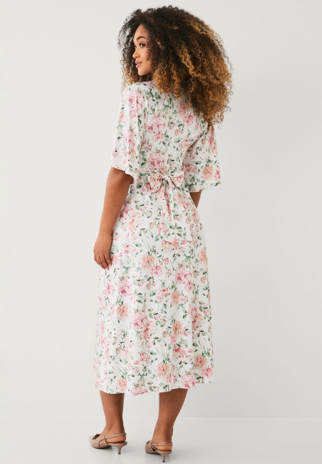Stretch Knit Surplice Neckline Waist Tie Flutter Sleeve Midi Dress image number 1