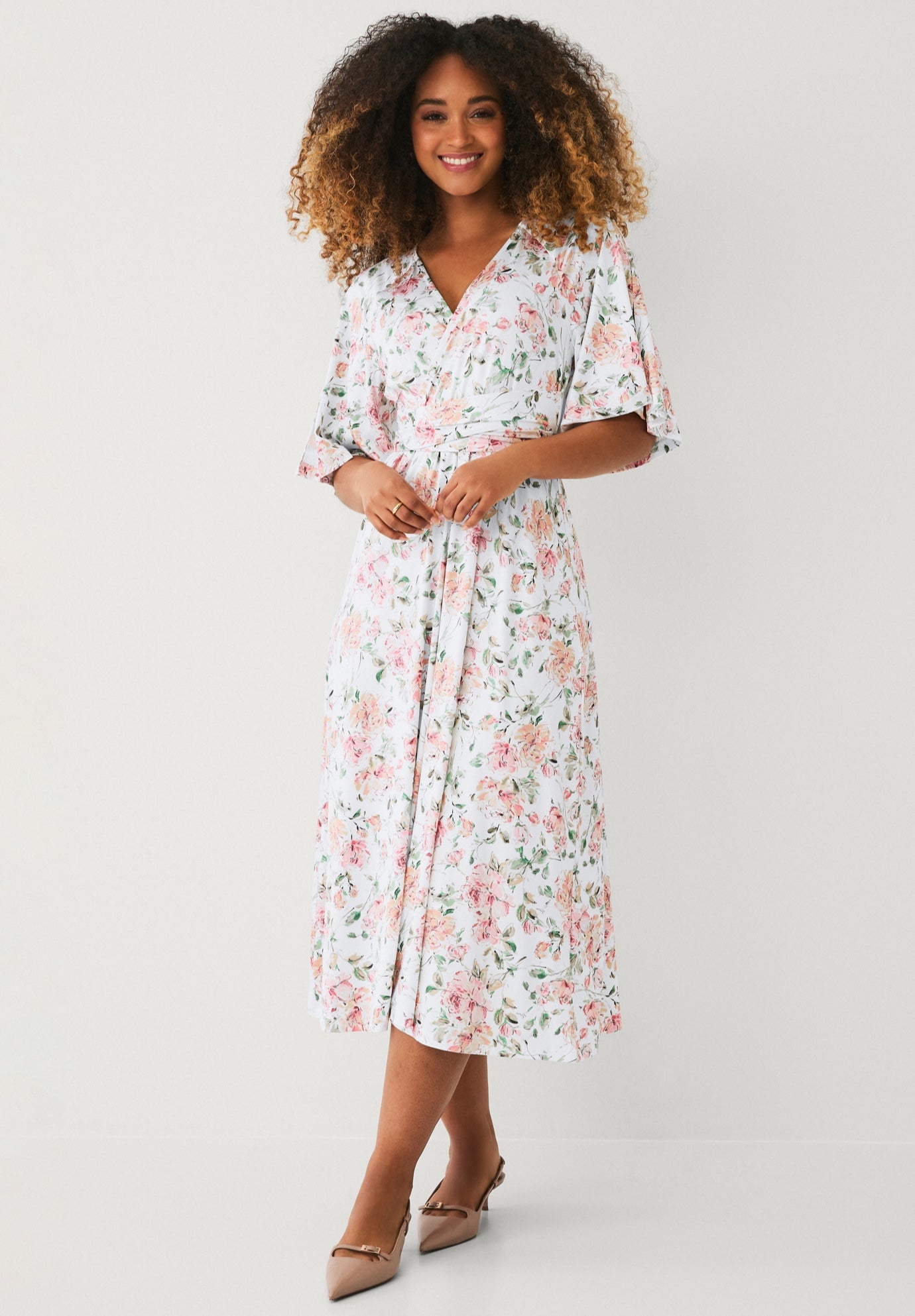 Stretch Knit Surplice Neckline Waist Tie Flutter Sleeve Midi Dress image number 0