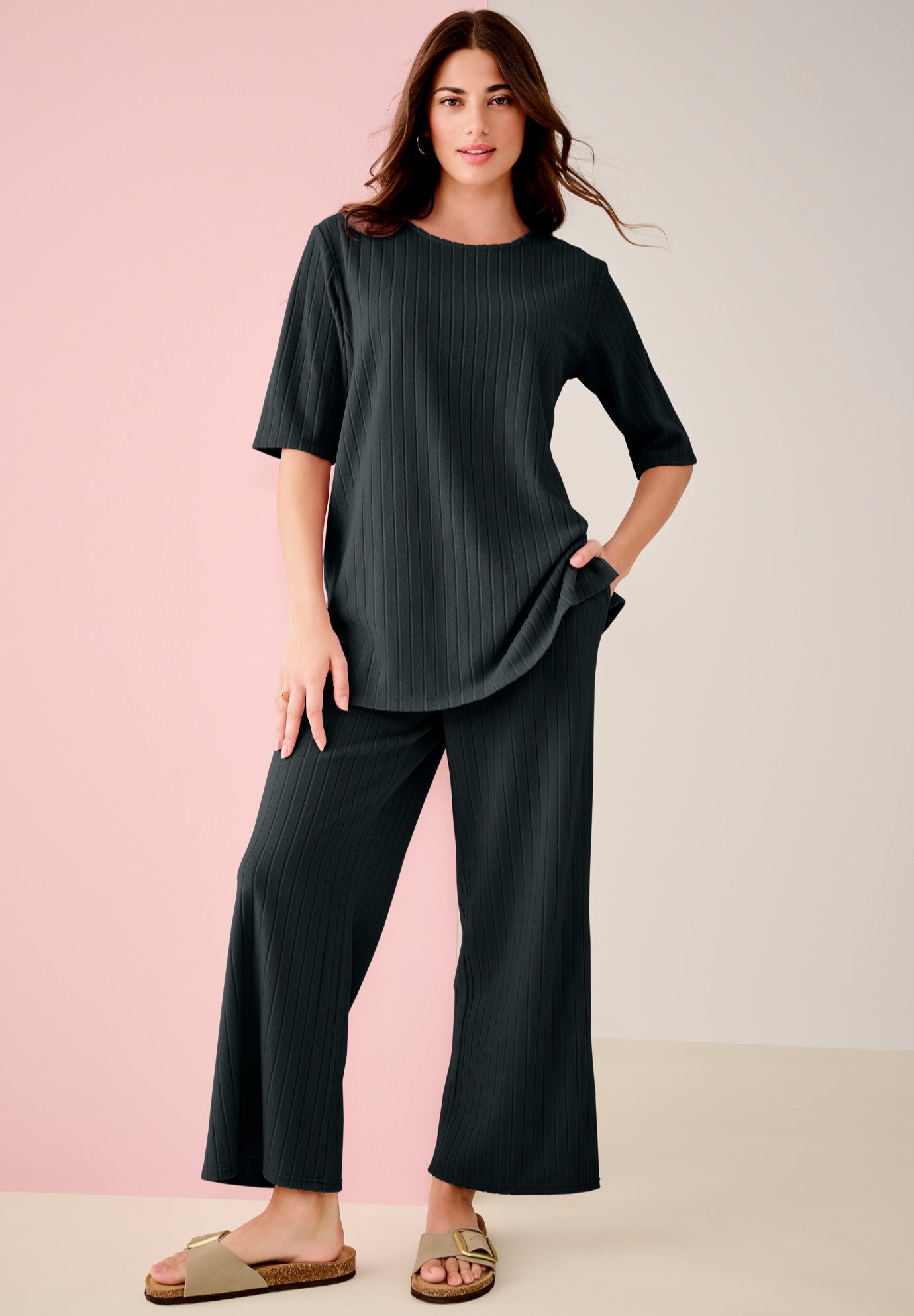 Brushed Rib Cropped Pant Set image number 0