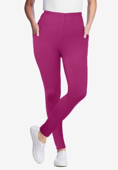 Side Pocket Ankle-Length Pull-On Stretch Knit Cotton Spandex Leggings