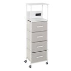 Narrow white storage cart with fabric drawers, side angle