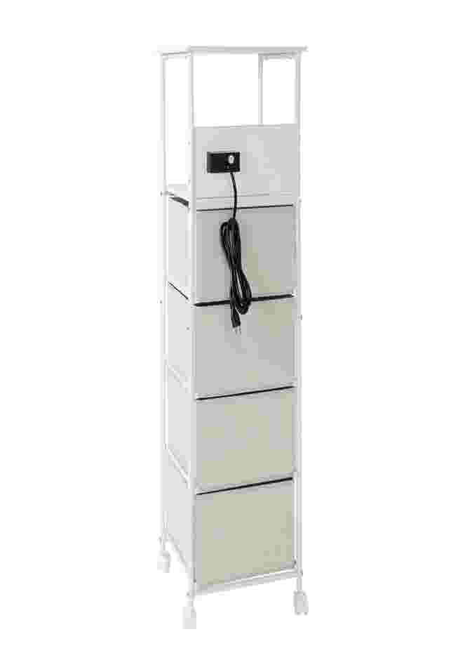 White 4-drawer cart with top charging station and cord.