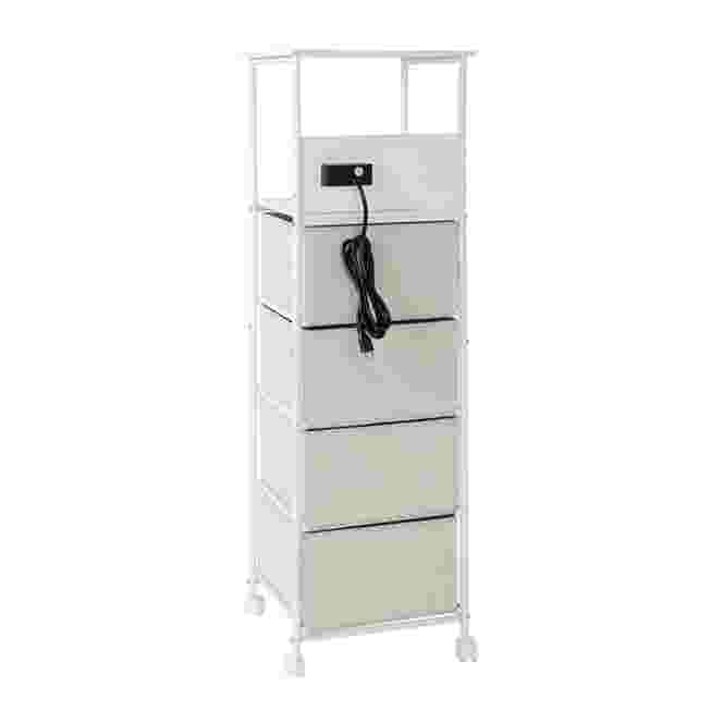 White 4-drawer cart with top charging station and cord.
