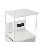 Table/desk area of cart showing open storage shelf and outlet