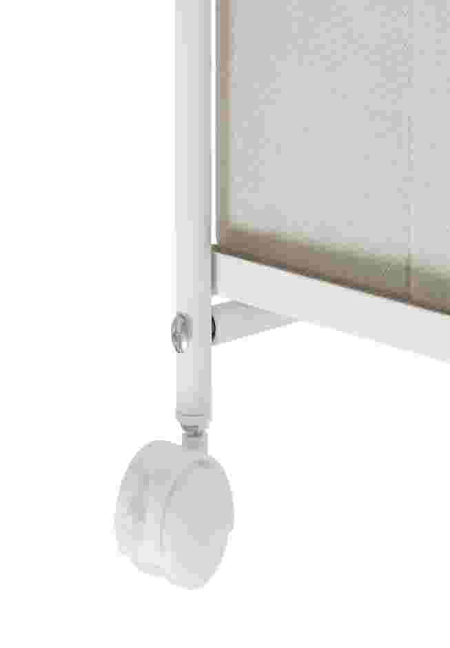 Caster wheel detail on white 4-drawer cart.