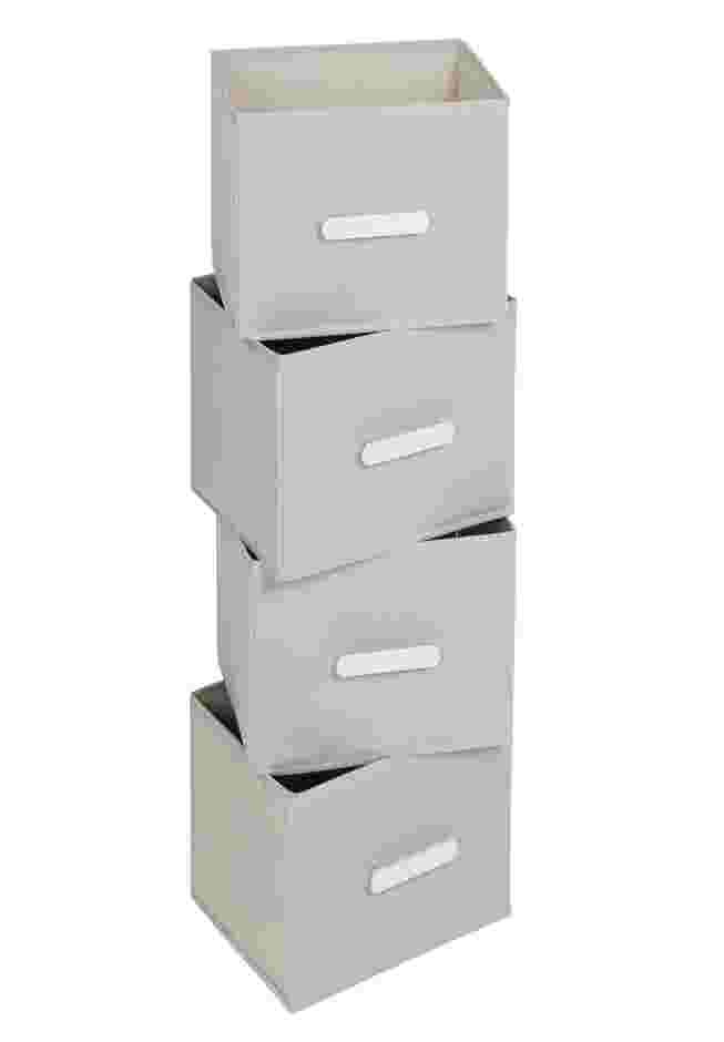 White 4-drawer cart showing drawer pulls and open upper side panel.
