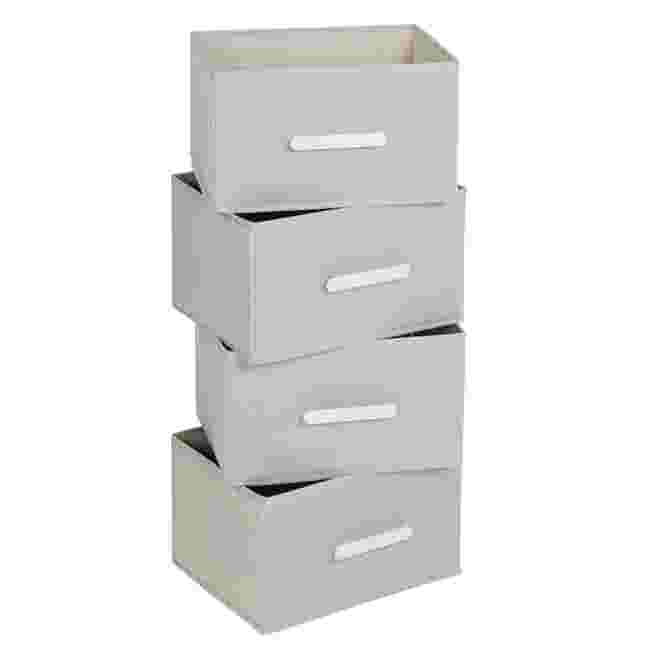 White 4-drawer cart showing drawer pulls and open upper side panel.