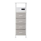 Tall white storage cart with beige fabric drawers on wheels, front view