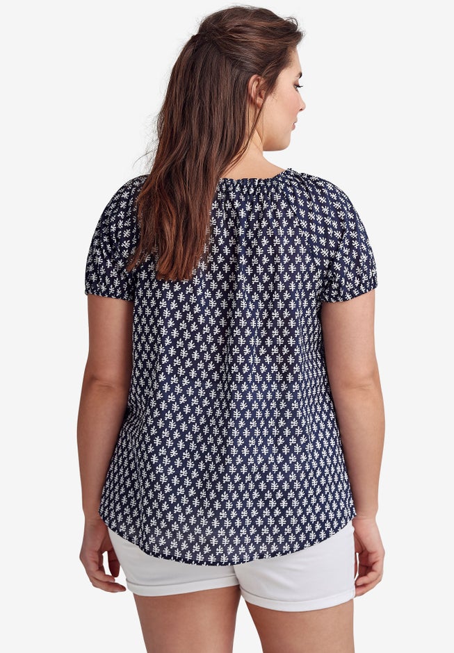 100% Cotton A-Line Peasant Blouse With Scoop Keyhole Neckline image number 1