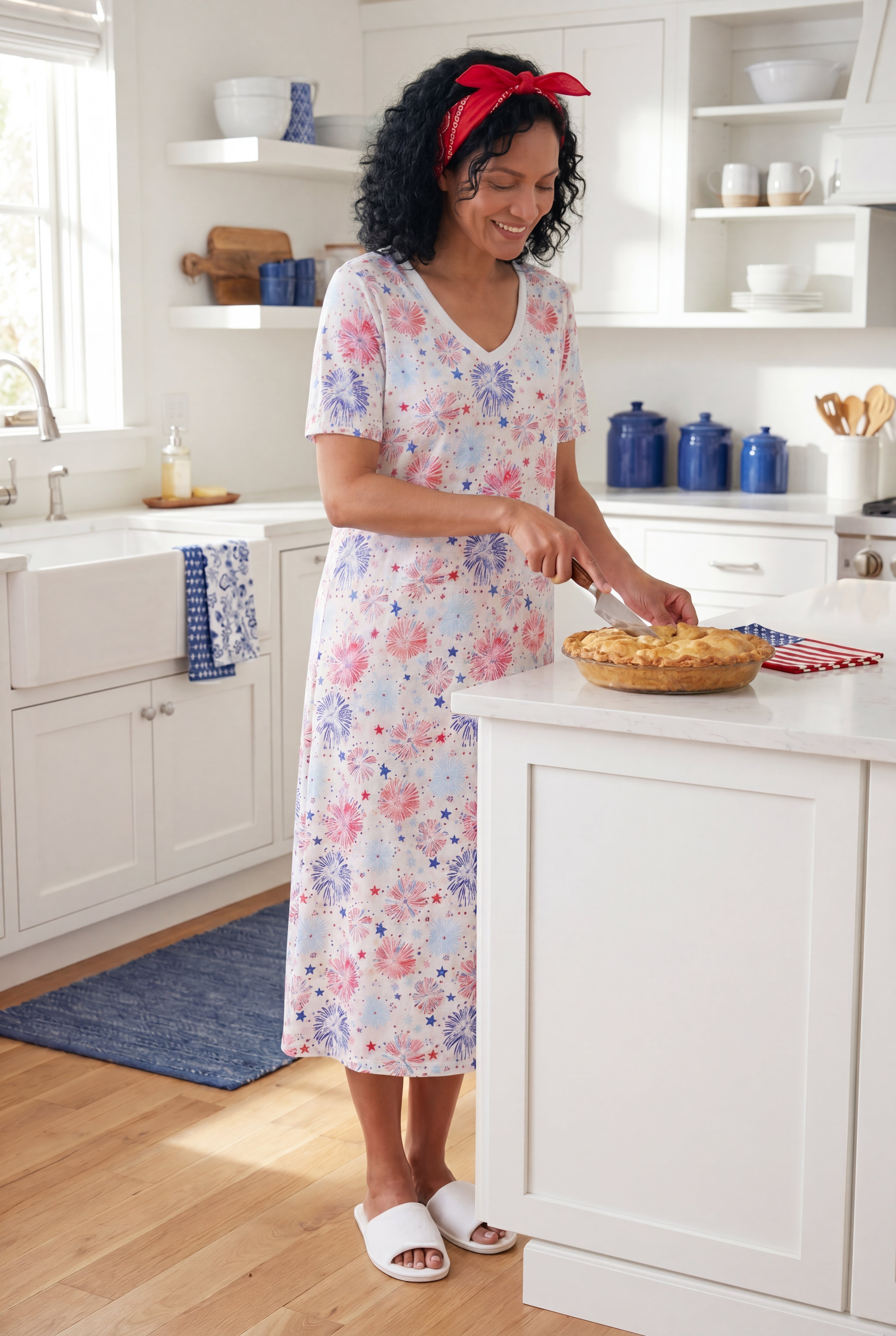 V-Neck Short Sleeve Midi Cotton Sleep Shirt image number 7