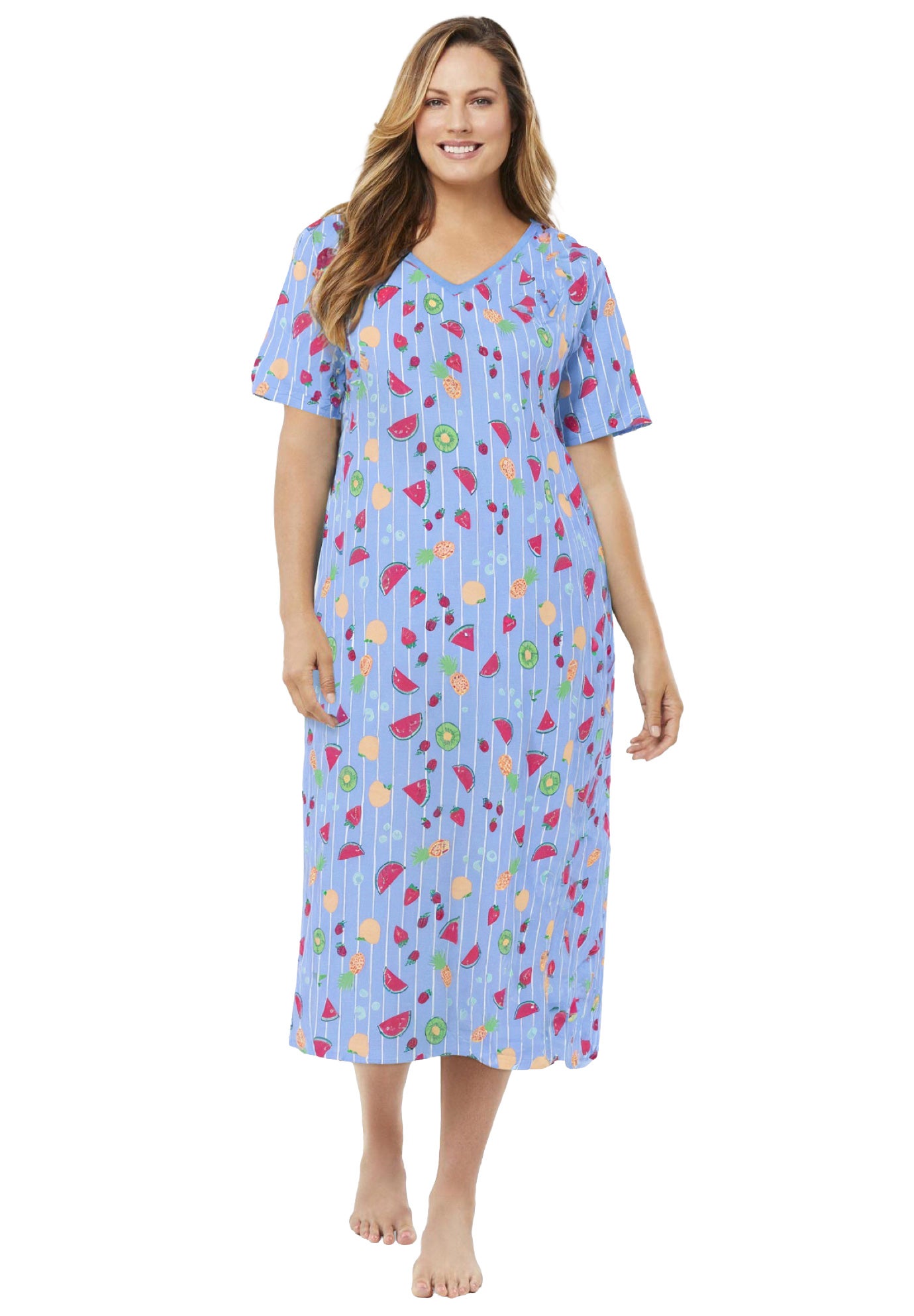 V-Neck Short Sleeve Midi Cotton Sleep Shirt image number 0