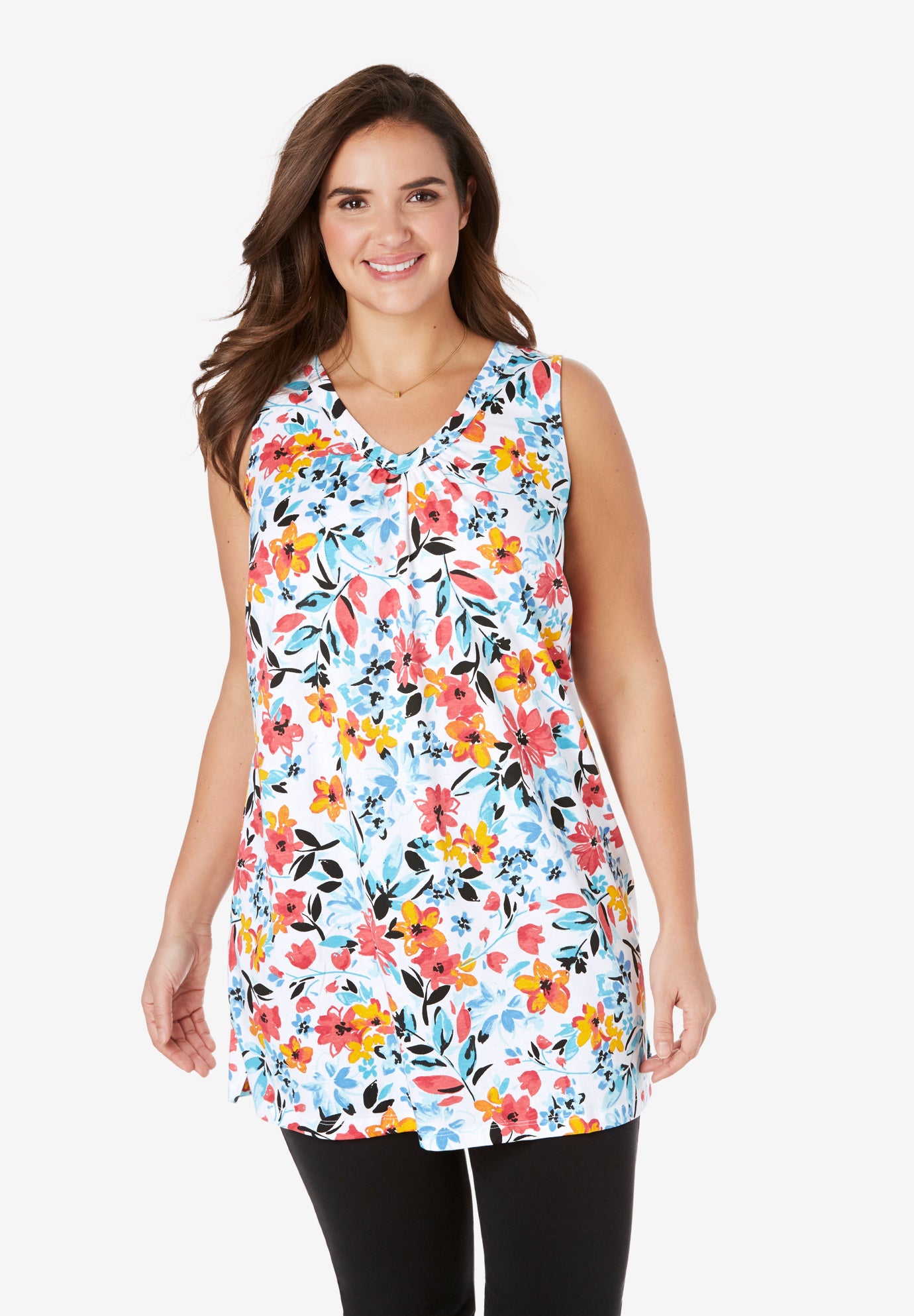 Perfect Printed Sleeveless Shirred V-Neck Tunic image number 5