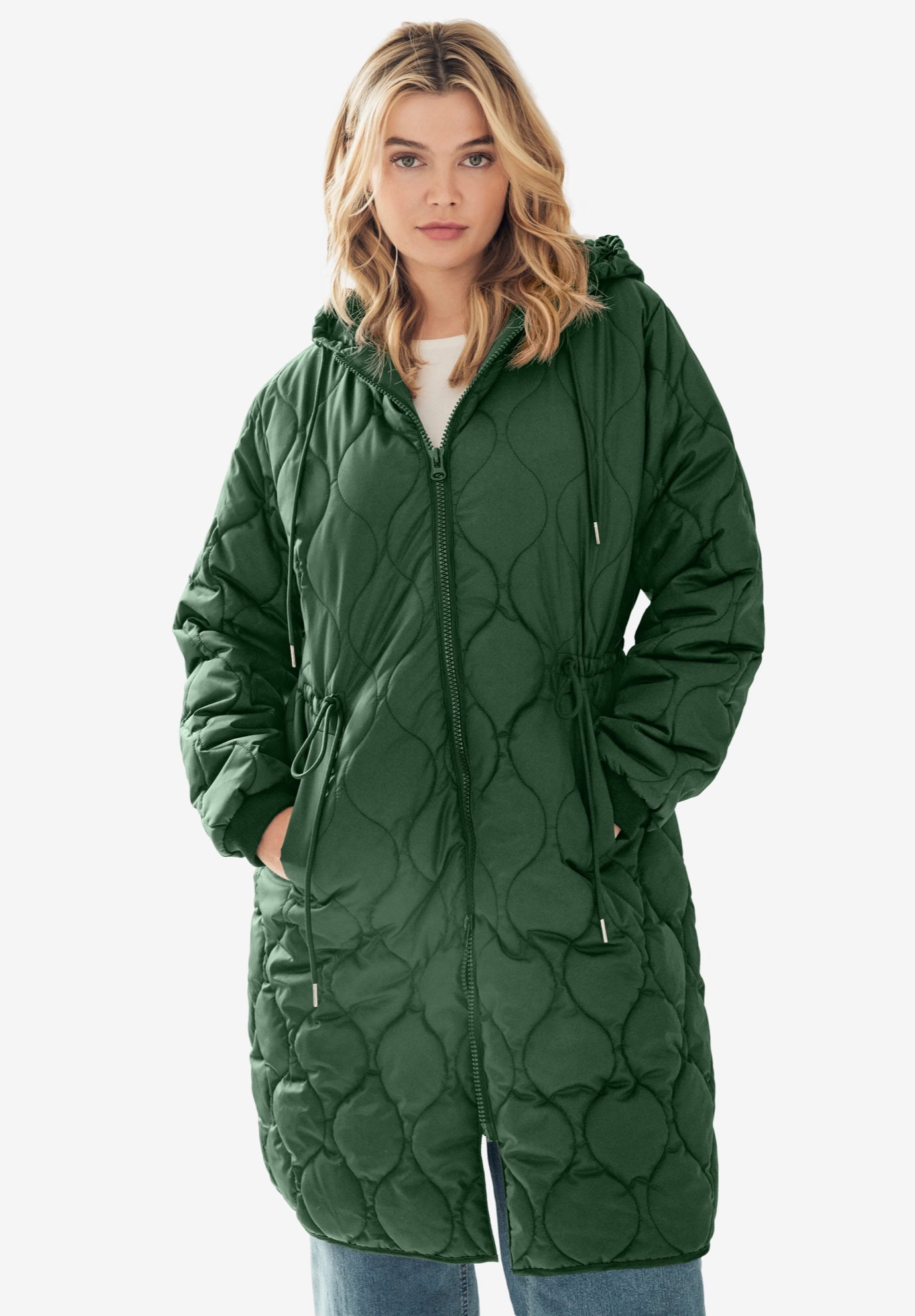 Long Quilted Jacket With Drawstring Waist image number 0