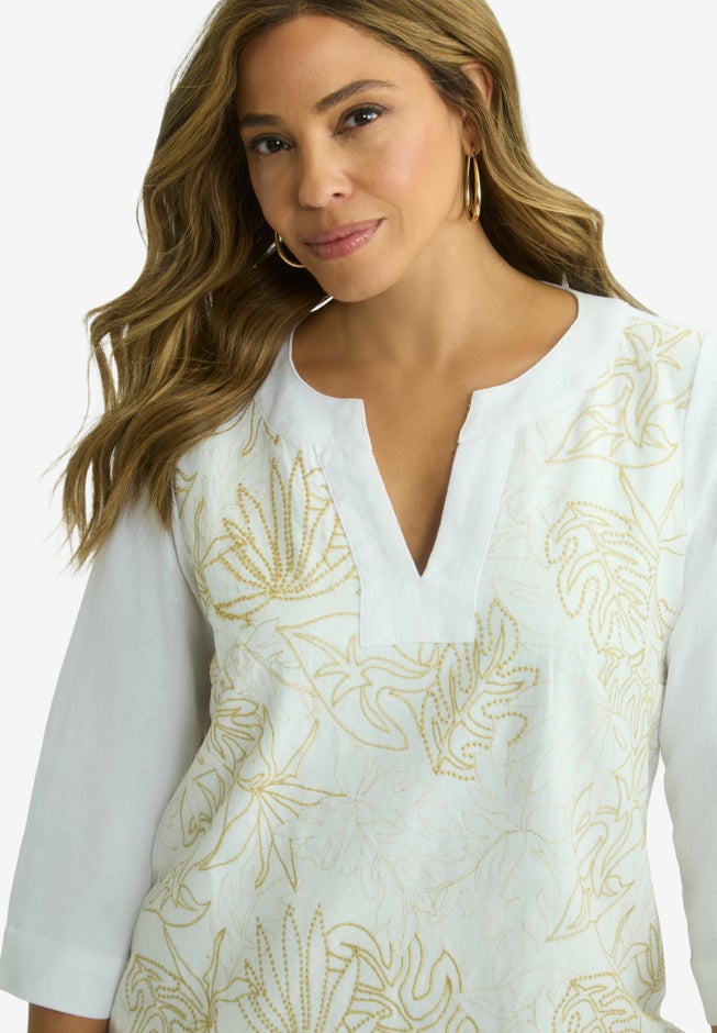 Linen V-Neck Embroidered Tunic image number 3