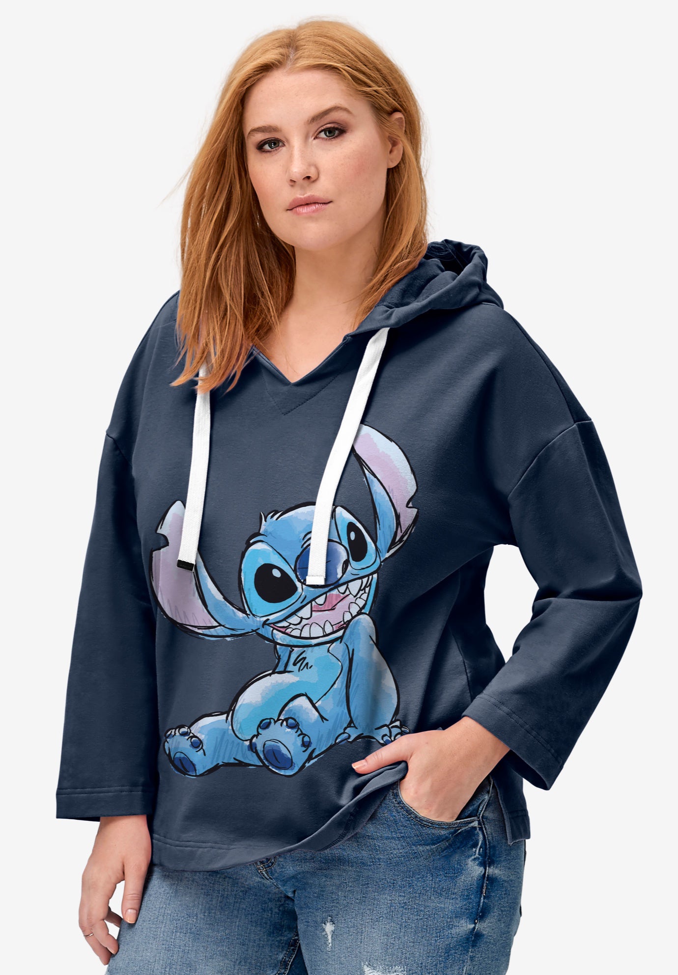 Disney Women&rsquo;s Hooded Sweatshirt Navy Stitch Happy image number 0