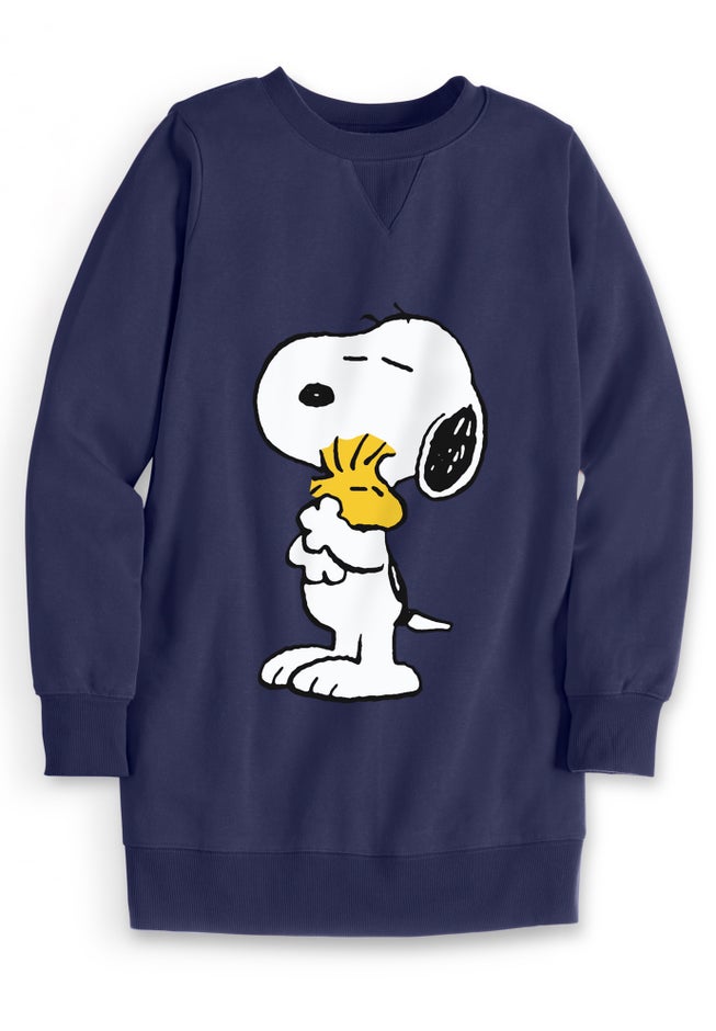 Peanuts Women&rsquo;s Long Sleeve Fleece Sweatshirt Navy Snoopy and Woodstock Hugging image number 1