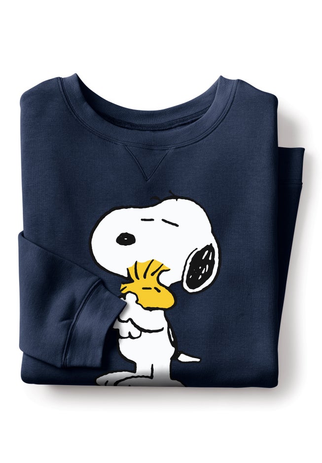 Peanuts Women&rsquo;s Long Sleeve Fleece Sweatshirt Navy Snoopy and Woodstock Hugging image number 2
