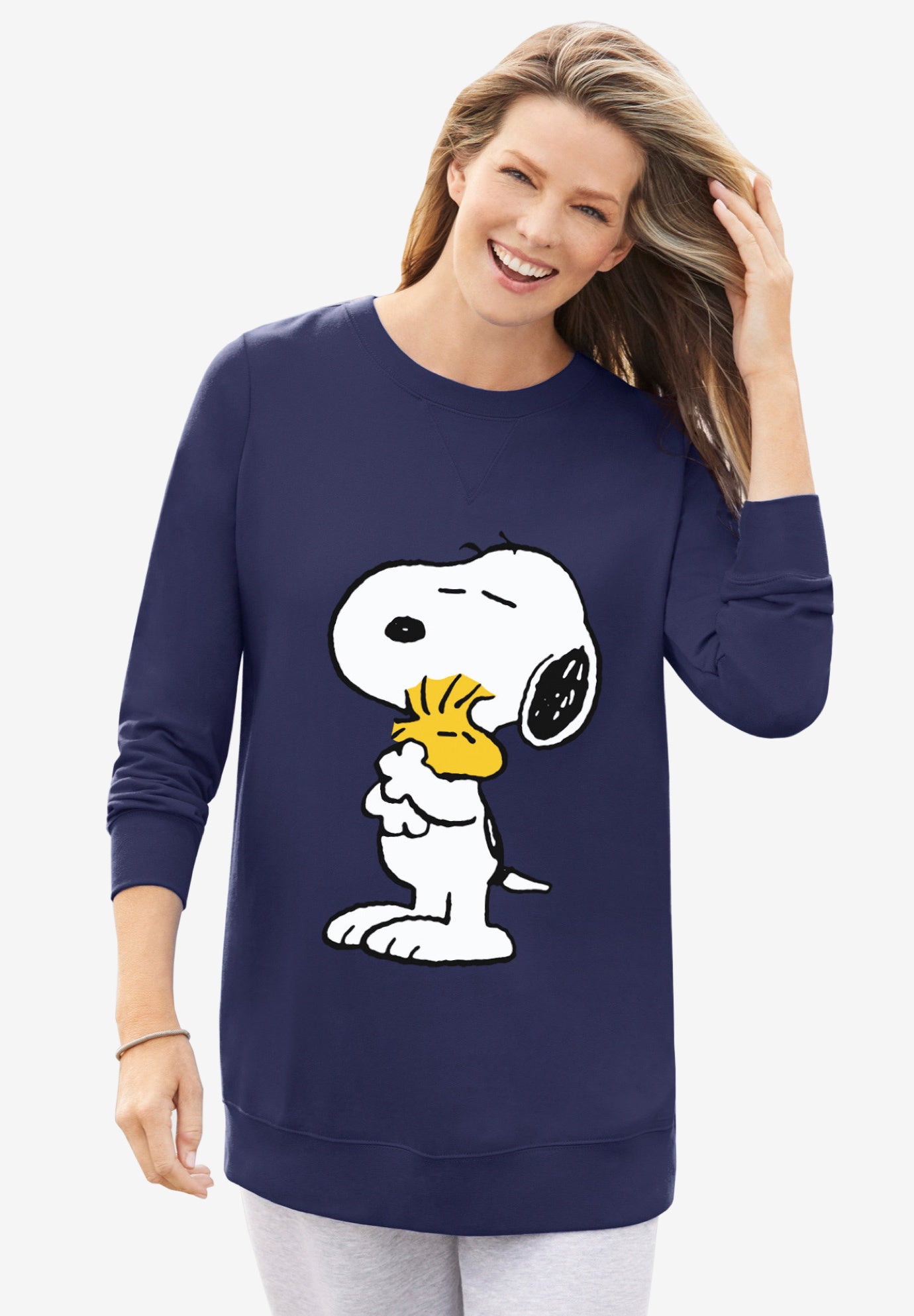 Peanuts Women&rsquo;s Long Sleeve Fleece Sweatshirt Navy Snoopy and Woodstock Hugging image number 0