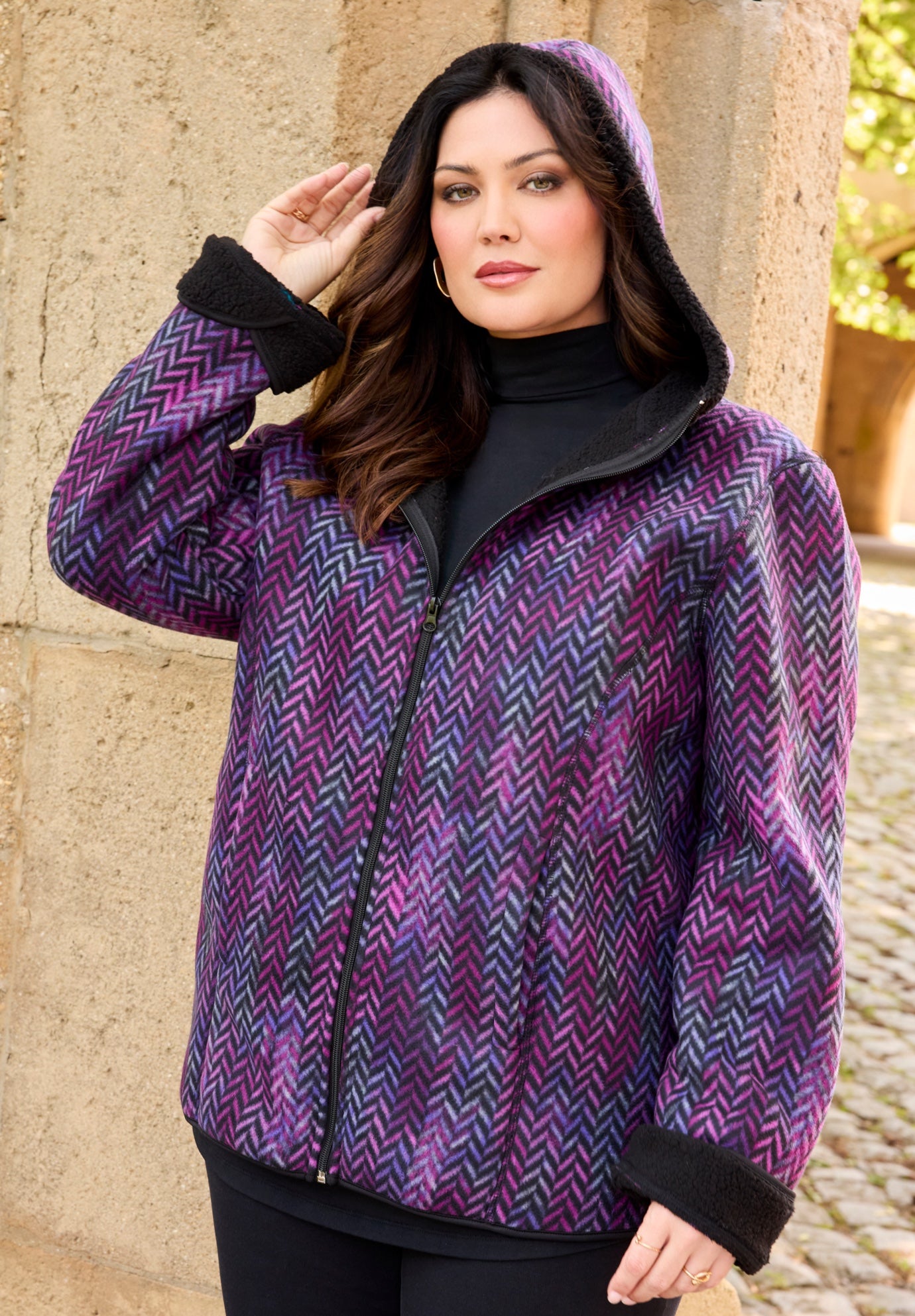 Printed Fleece Coat with Sherpa Lining image number 2