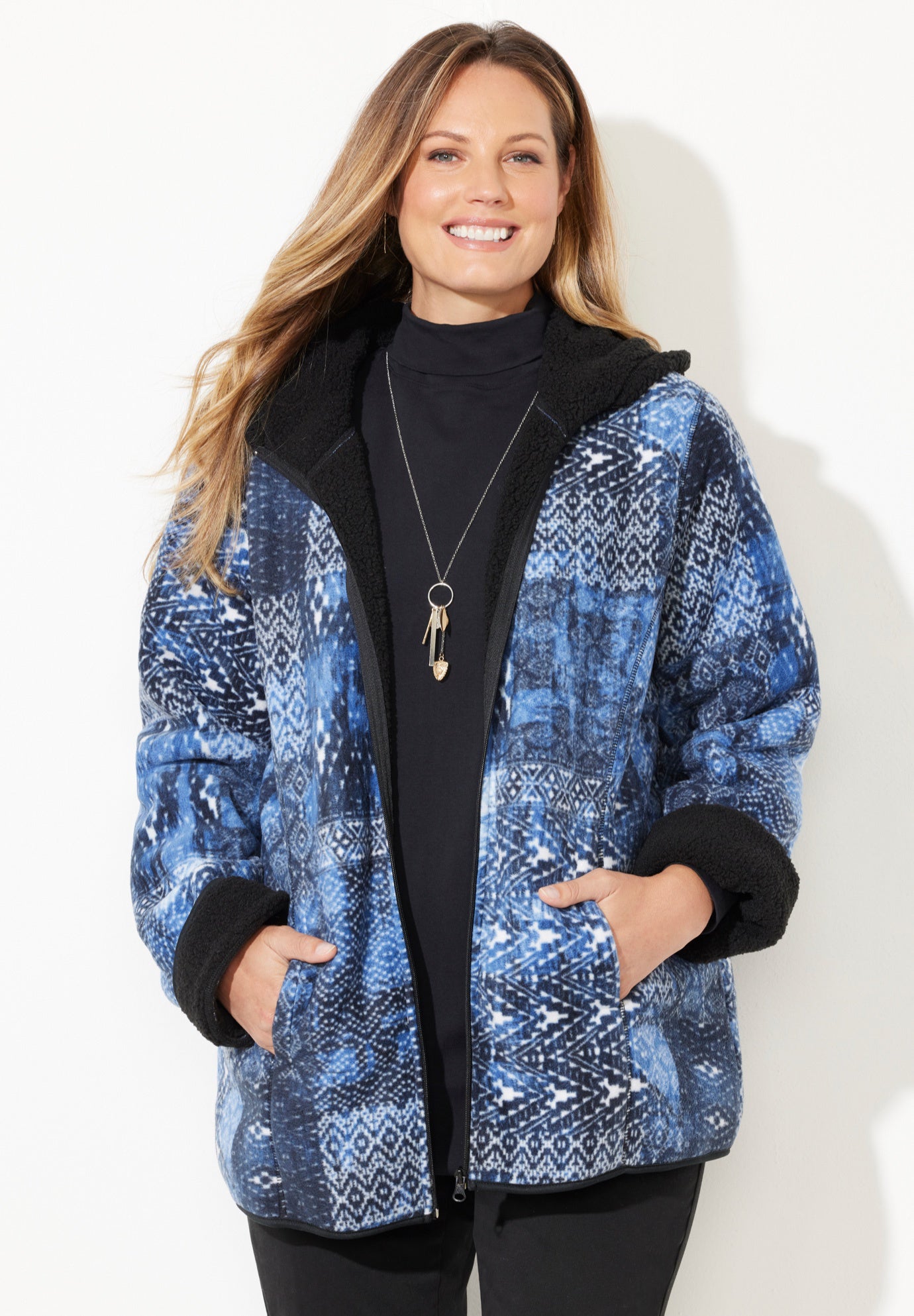 Printed Fleece Coat with Sherpa Lining image number 0