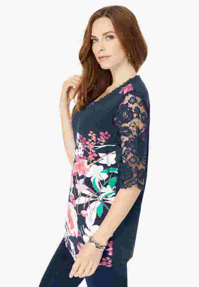 Plus Size Lace Sleeve Printed Tee image number 1