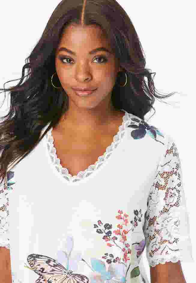 Plus Size Lace Sleeve Printed Tee image number 2