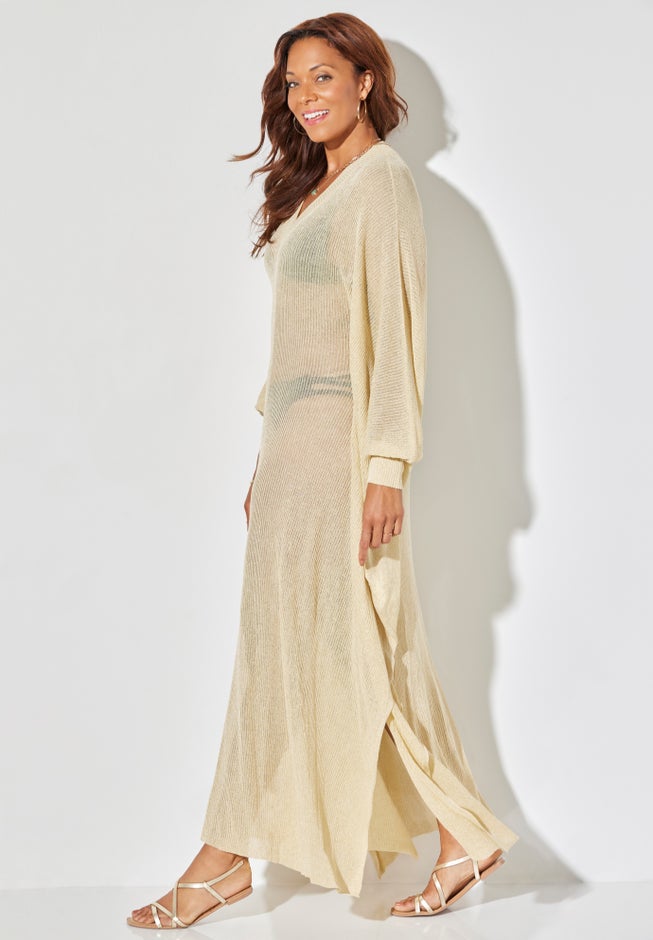 Long V-Neck Shimmer Caftan Tunic Cover Up image number null