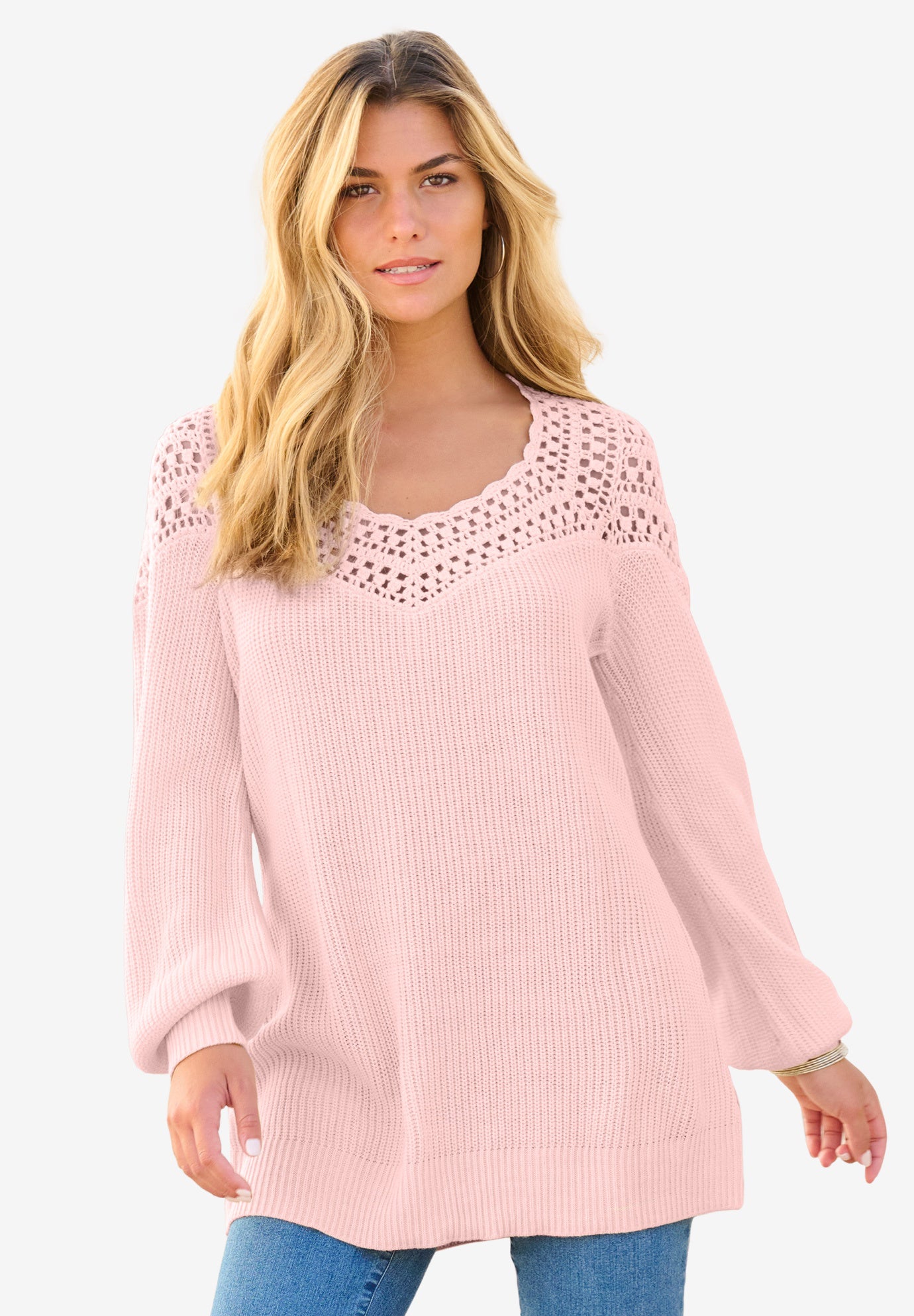 Plus Size Crochet Pullover Sweater with Sweetheart Neckline image number 0