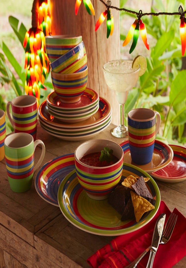 16-Pc. Santa Fe Hand-Painted Striped Stoneware Dinnerware Set image number 1