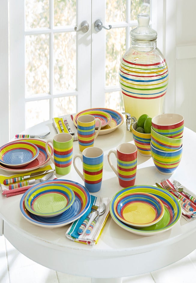 16-Pc. Santa Fe Hand-Painted Striped Stoneware Dinnerware Set image number 2