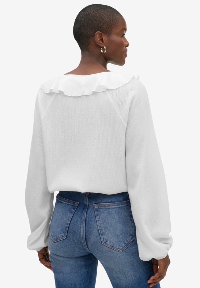 Stretch Textured Knit V-neck Ruffle Front Top image number 1