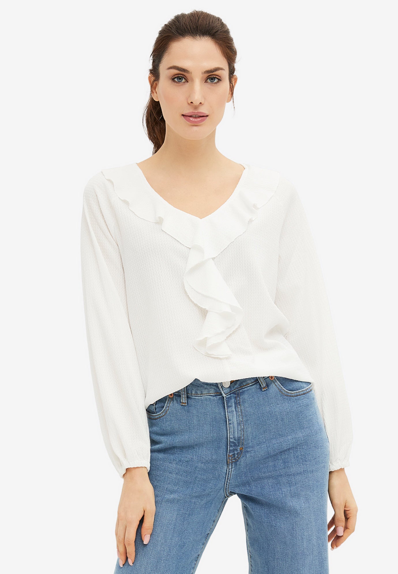 Stretch Textured Knit V-neck Ruffle Front Top image number 0