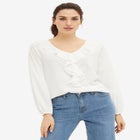Stretch Textured Knit V-neck Ruffle Front Top image number null