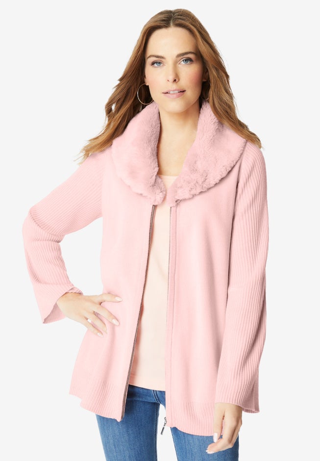 Faux Fur Collar Cardigan Sweater. image number 1