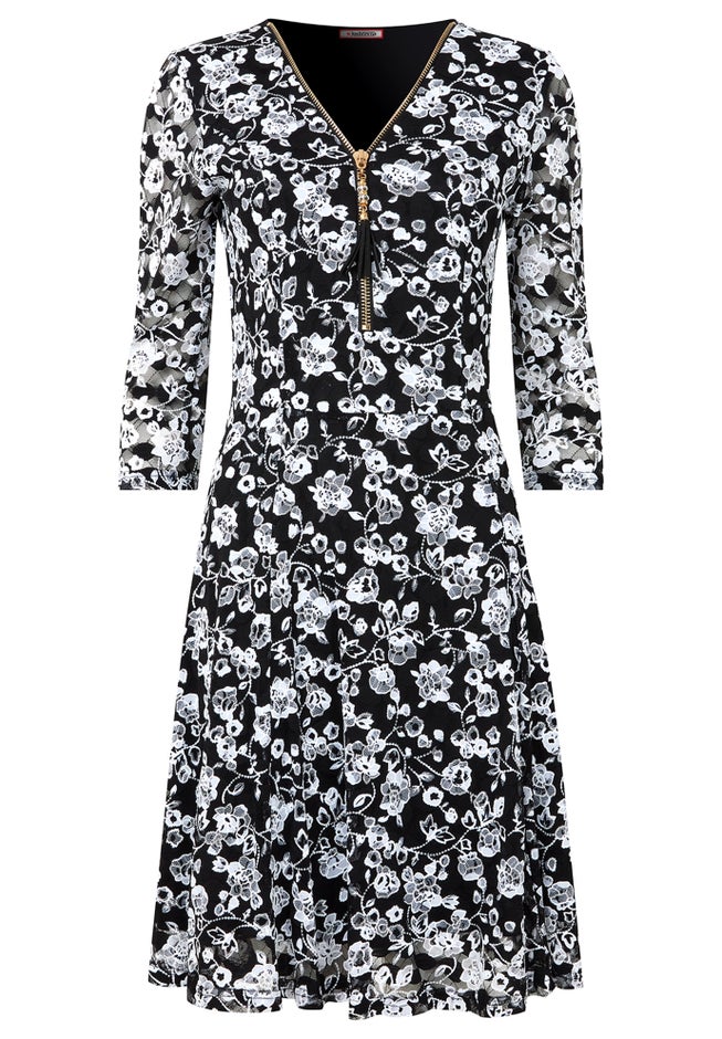 Lace Zip V-Neck Midi Dress image number 4