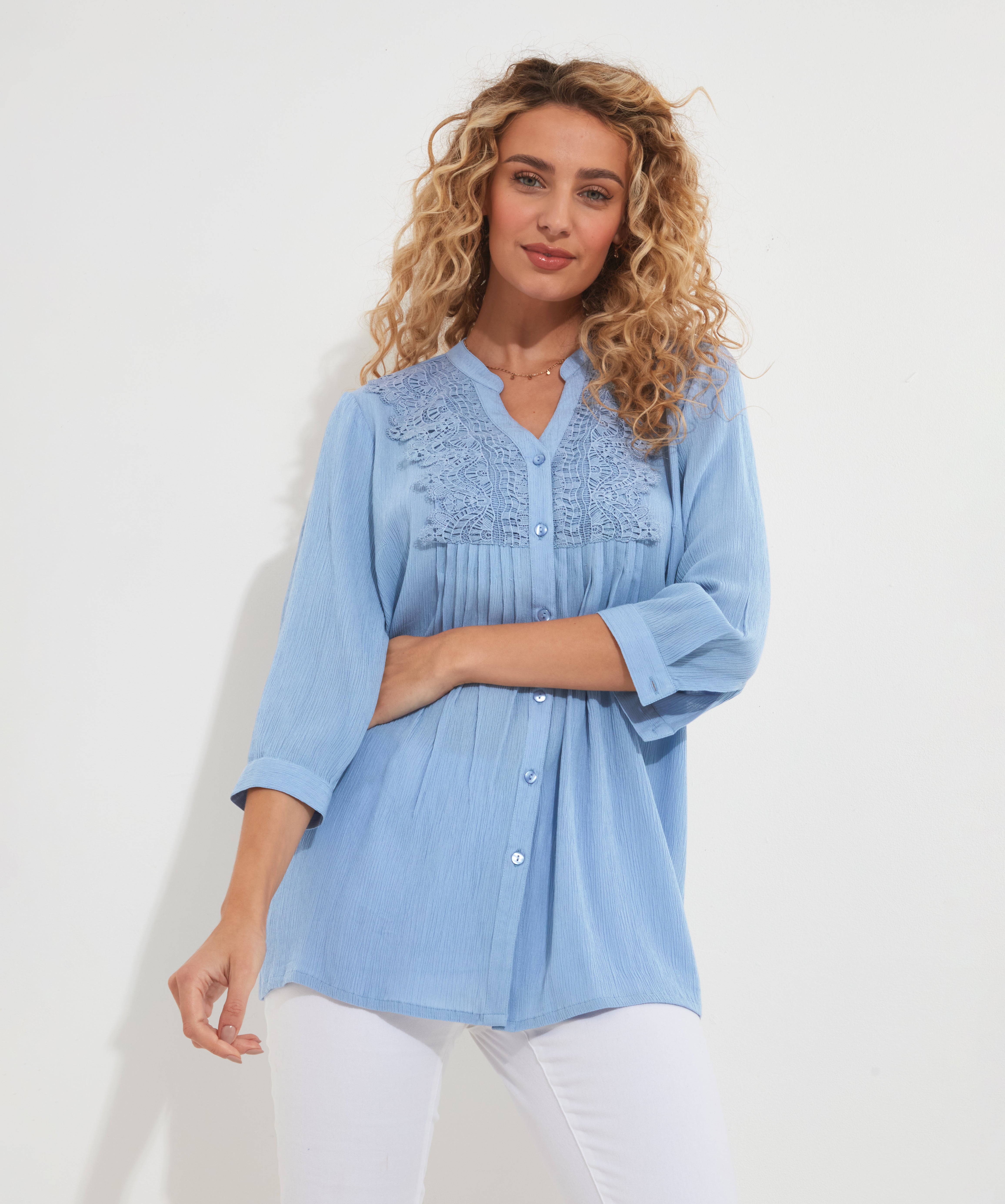 Crochet Trim Pintuck Shirt image number 0